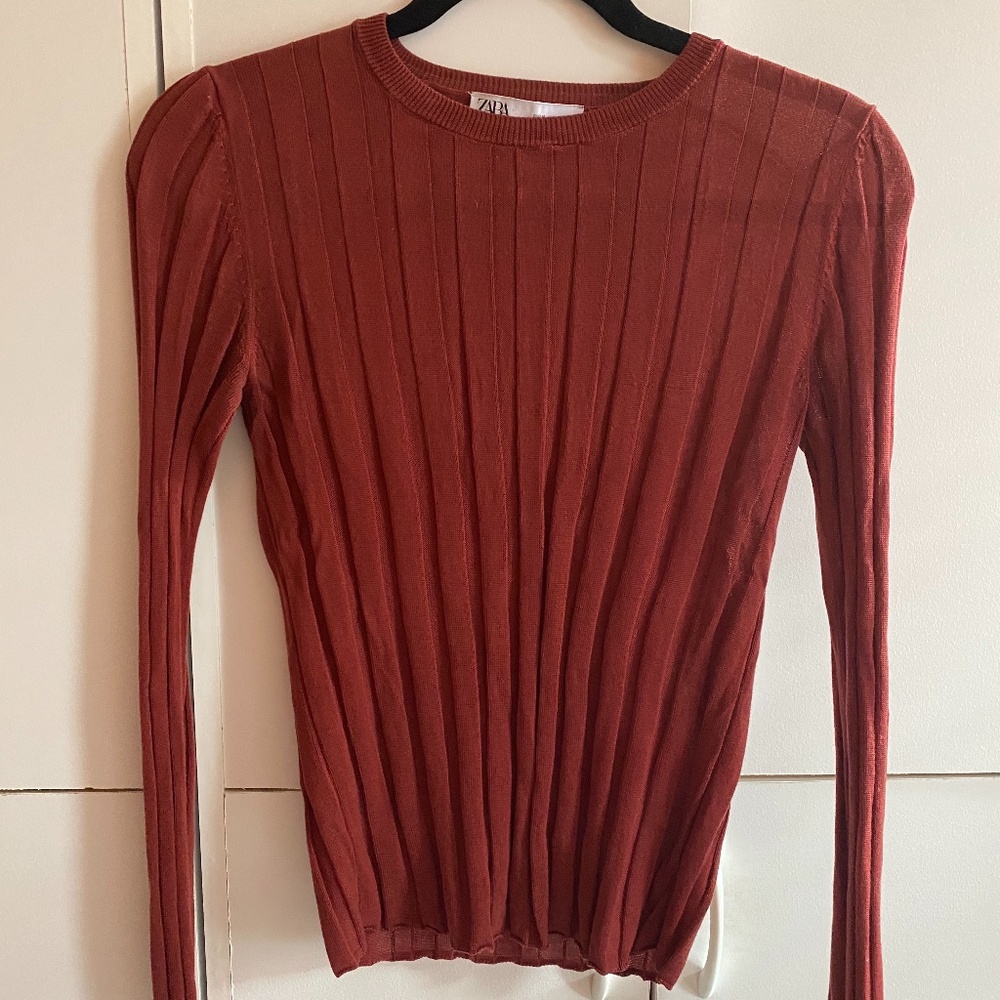 Zara ribbed rust orange brown long sleeve top